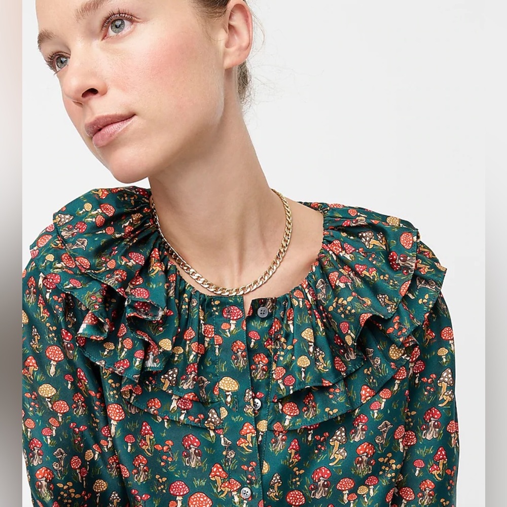 J. Crew Collection silk-twill ruffle-collar top in mushroom floral